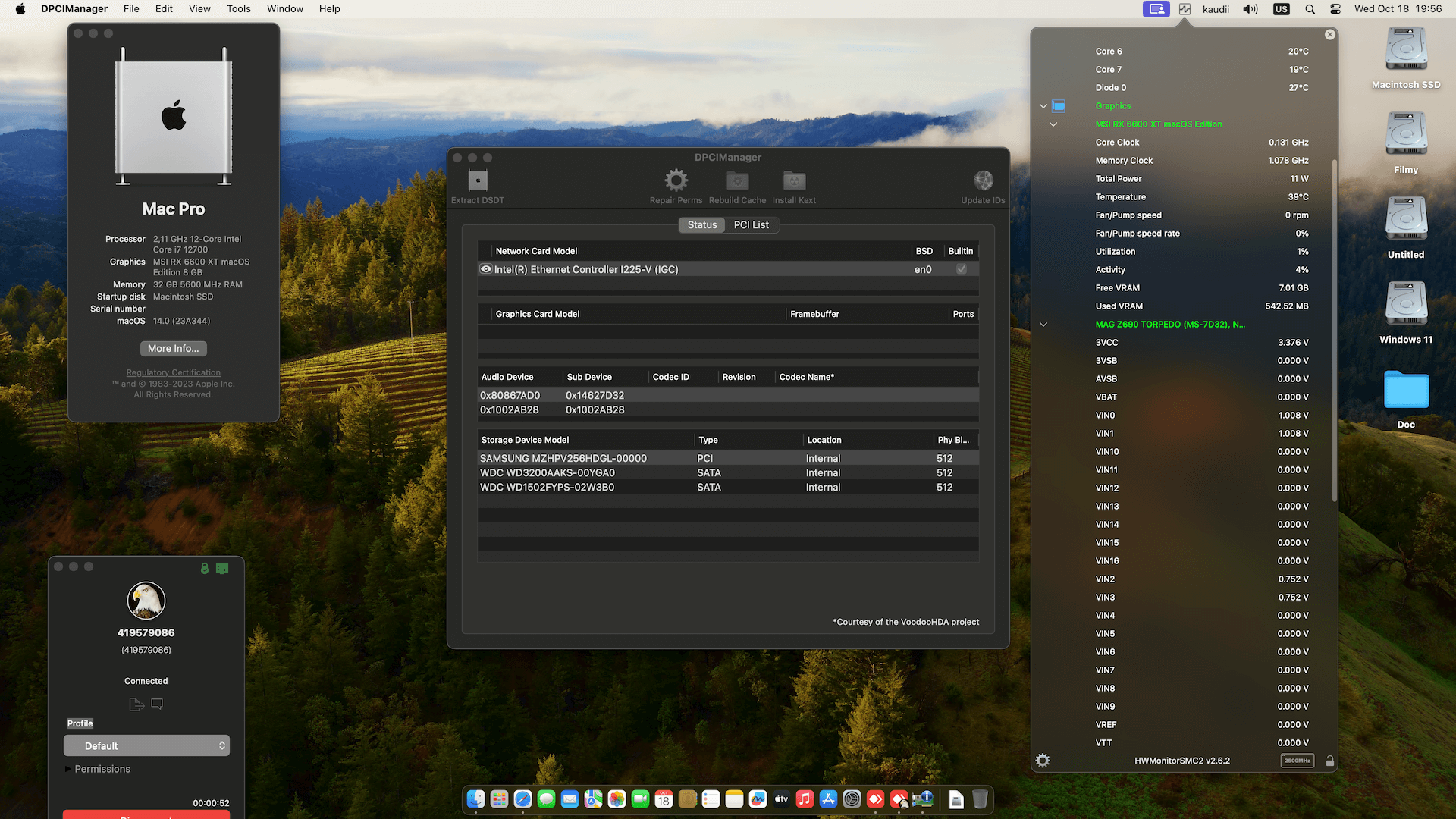 Success Hackintosh macOS Sonoma 14.0 Build 23A344 in MSI MAG Z690 Torpedo + Intel Core i7 12700 + MSI RX 6600 XT
